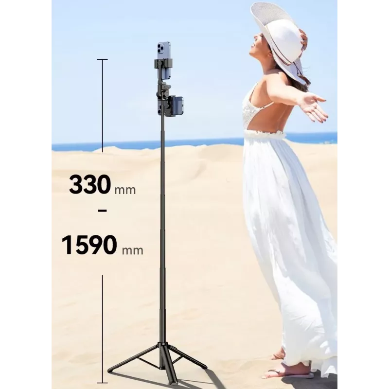 ULANZI MT-70 Monopiede selfie stick a treppiede in alluminio a 5 sezioni con telecomando Bluetooth rimovibile, doppio supporto per telefono e vite da 1/4 di pollice, estensibile fino a 880 mm, nero