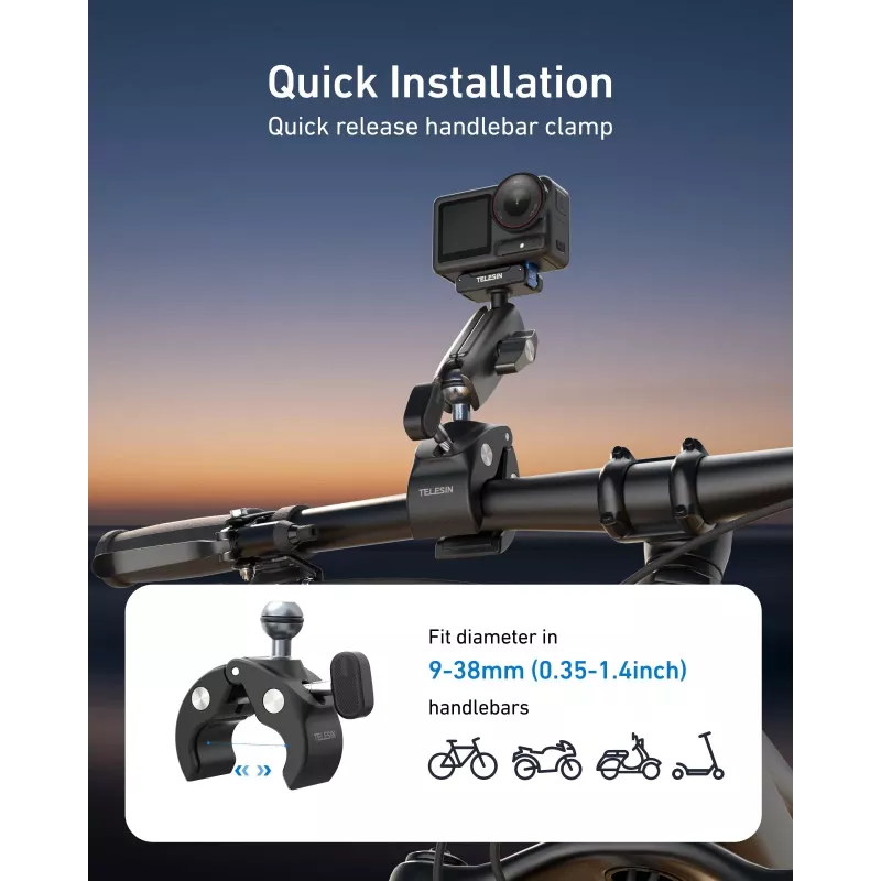 TELESIN Magic Arm Clamp Mount per DJI Osmo Action 5 Pro/4/3, Osmo 360, GoPro, Insta360 – S3-HBM-14-TDJ