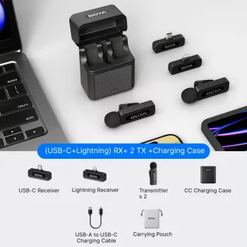 Sistema microfonico wireless 2,4 GHz BOYA BY-V3 Combo con 2 trasmettitori e 2 ricevitori (Lightning & USB-C) - nero