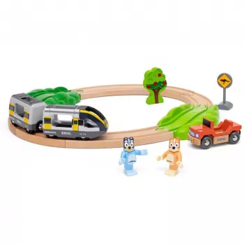 RAVENSBURGER World - Bluey set treno | trenino in legno con figure Bluey e Bingo | 3 pezzi | certificato FSC | compatibile con BRIO World