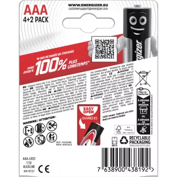 Energizer Max Batterie alcaline AAA, 1,5 V, confezione da 6 (4+2)