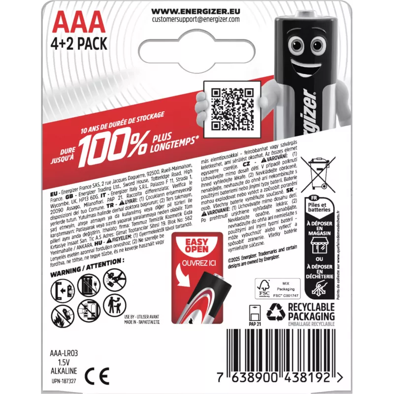 Energizer Max Batterie alcaline AAA, 1,5 V, confezione da 6 (4+2)