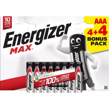 Energizer Max Batterie alcaline AAA, 1,5 V, confezione da 8 (4+4)