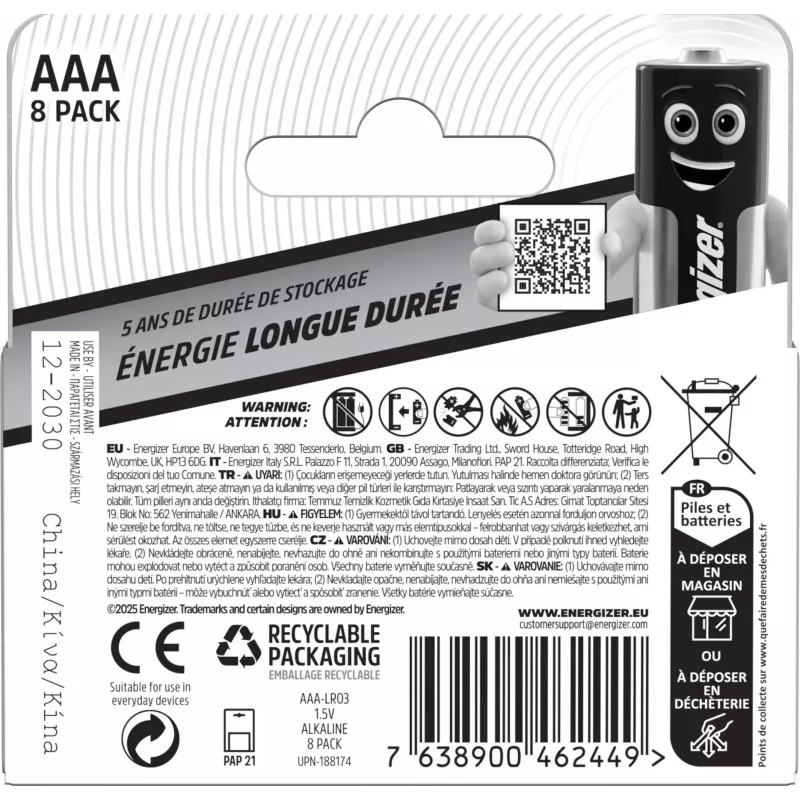 Energizer Everyday batterie alcaline AAA/LR03, confezione da 8 (DHP8)