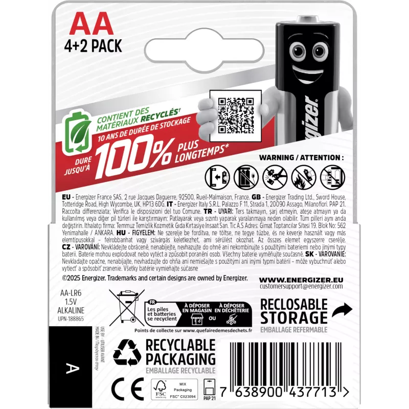 Energizer Max batterie alcaline AA, 1,5 V, confezione da 6 (4+2)