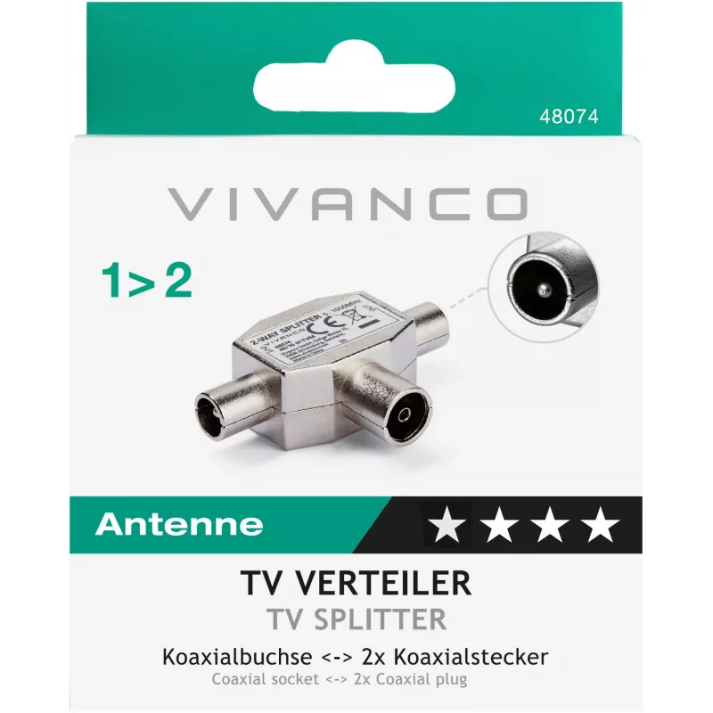 Vivanco splitter d'antenna TV schermato a 2 vie, presa coassiale a 2 spine (VVANSHILD2M1F)