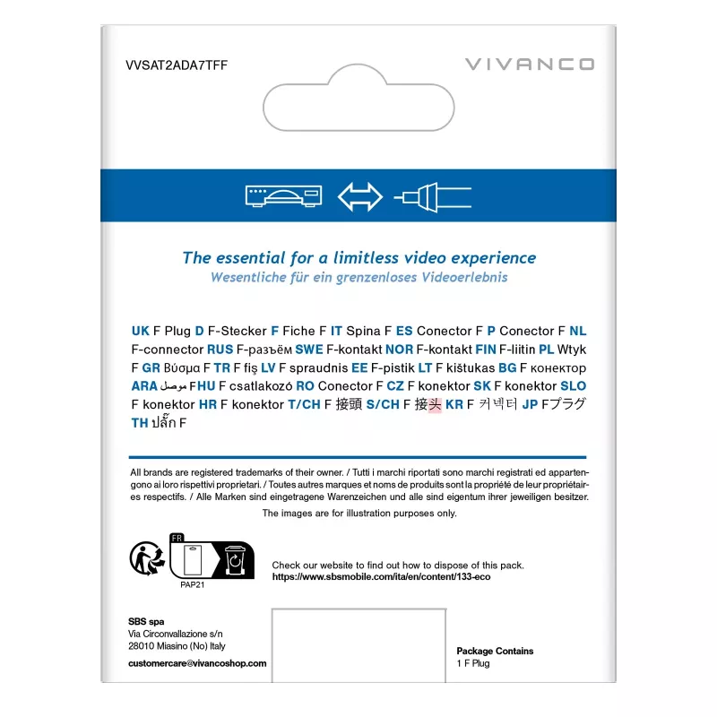Vivanco VVSAT2ADA7TFF adattatore connettore F confezione da 2 argento