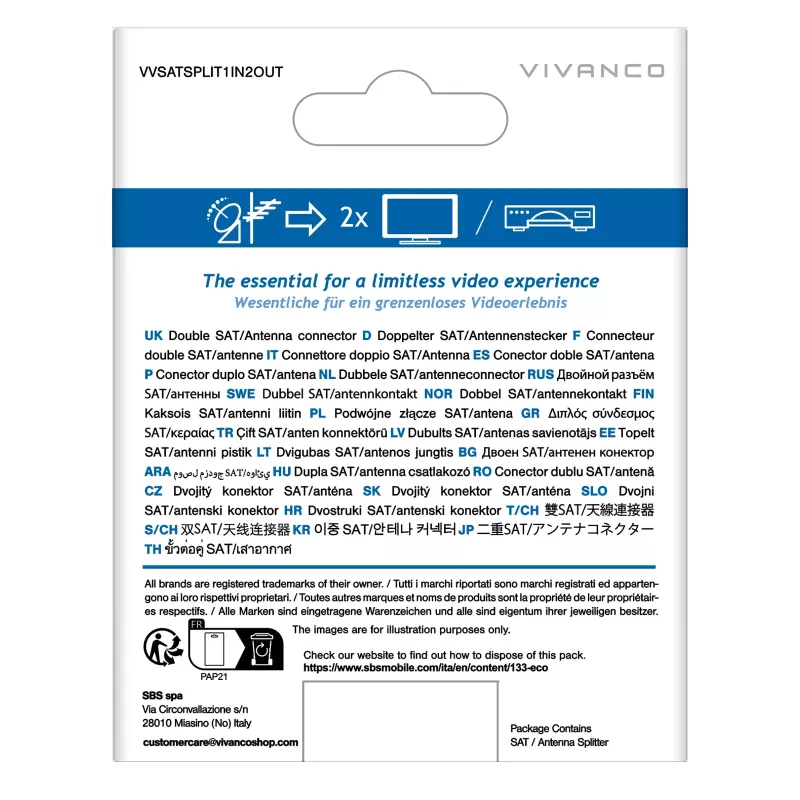 Vivanco VVSATSPLIT1IN2OUT distributore satellitare 1 ingresso 2 uscite 5-2400 MHz connettore F