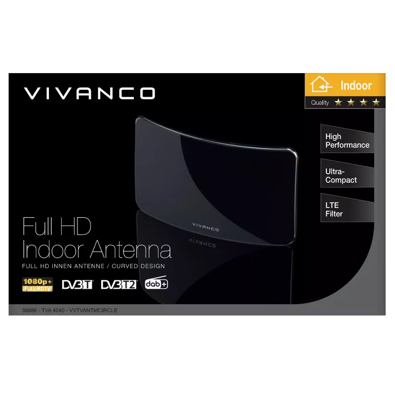 Vivanco VVTVANTMCIRCLE antenna interna per DVB-T/T2 con amplificazione 28 dB, filtro LTE/4G/5G, supporto DAB/DAB+, nero