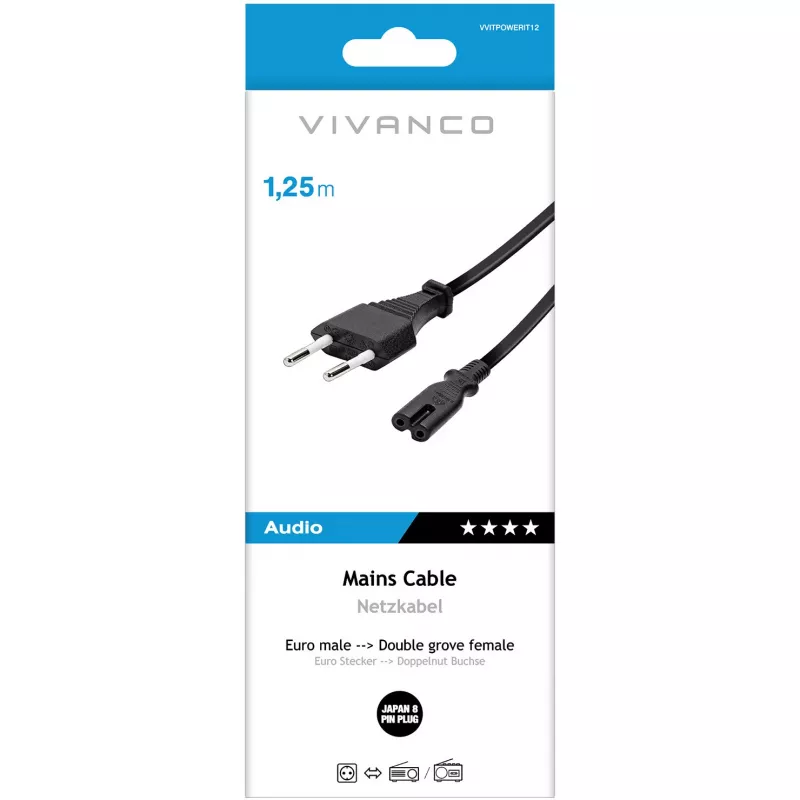 Vivanco cavo di alimentazione, spina EU a spina Giappone 8 pin, 1,25 m (VVITPOWERIT12)