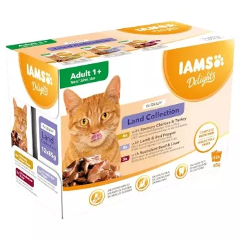 EUKANUBA IAMS DELIGHTS Land Collection in salsa cibo umido per gatti, 12 x 85g bustine, adult, pollo, agnello e tacchino