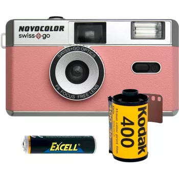 Swiss+Go Novocolor kit fotocamera analogica 35mm con flash, rosa (SWI401611)