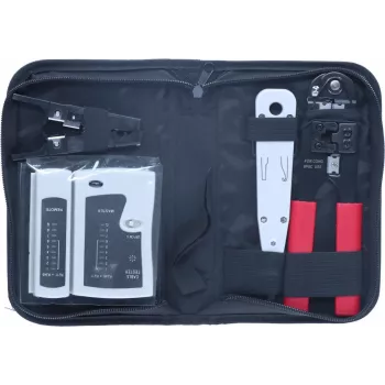 DSIT set di 9 utensili per installazione e riparazione di reti con pinza crimpatrice RJ45, tester per cavi, inseritore e custodia con zip (DC-TOOLSET)