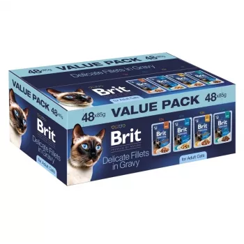 Brit Delicate Fillets in Gravy per gatti adulti - multipack 48x85g (pollo, manzo, tacchino, salmone)