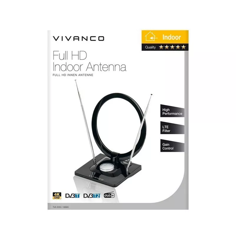 Vivanco VVTVANTSCIRCLE antenna interna DVB-T2/DAB+ antenna piatta con filtro 4G/5G, nero