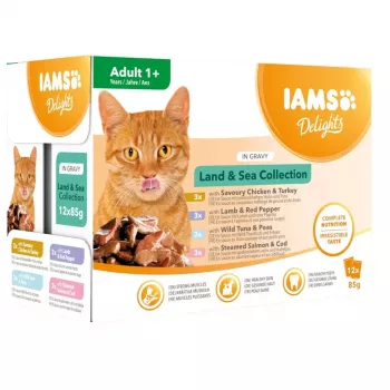 EUKANUBA IAMS DELIGHTS Land & Sea Collection in salsa cibo umido per gatti – 12x85g bustine (salmone & merluzzo, pollo & tacchino, agnello & peperone rosso)