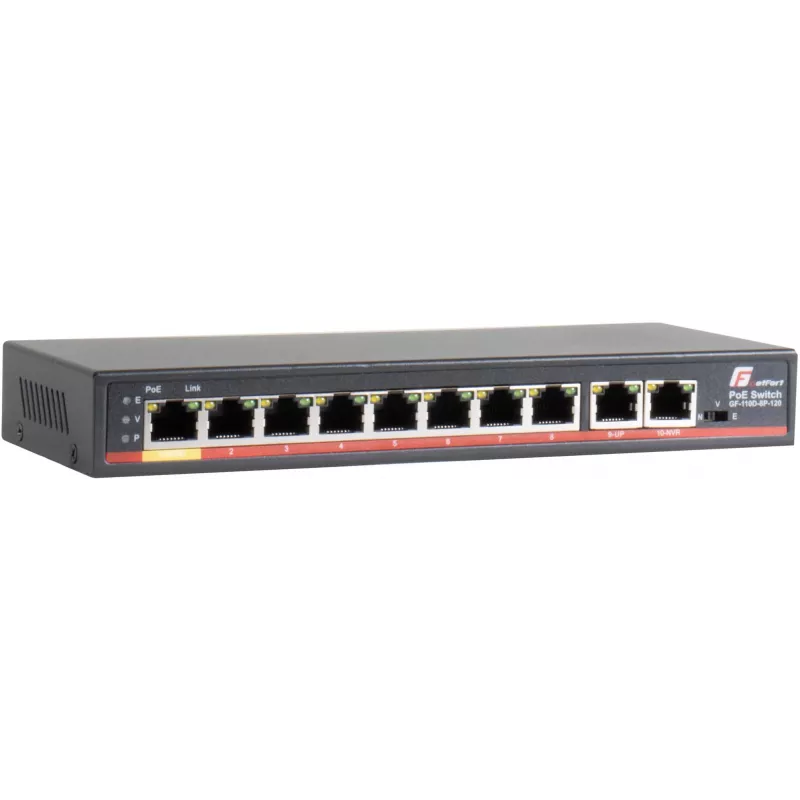 GETFORT GF-110D-8P-120 switch PoE+ 10 porte con 8 porte PoE e 2 porte uplink, budget 120W, unmanaged, desktop/a parete