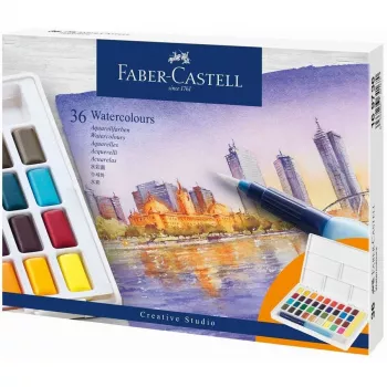 Faber-Castell Creative Studio set di colori ad acquerello, 36 colori in pastiglie solide con pennello e spugna, tavolozza di miscelazione nel coperchio, student grade, trasparente, ricaricabile, scatola in plastica portatile