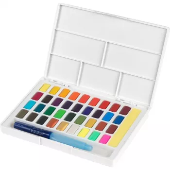 Faber-Castell Creative Studio set di colori ad acquerello, 36 colori in pastiglie solide con pennello e spugna, tavolozza di miscelazione nel coperchio, student grade, trasparente, ricaricabile, scatola in plastica portatile