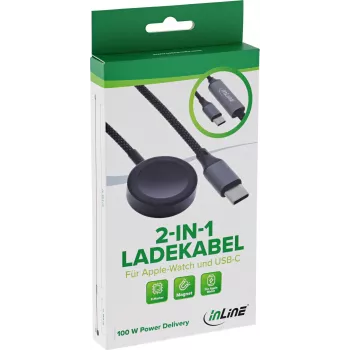 InLine® Cavo di ricarica 2 in 1 per Apple Watch + USB-C, 100 W, USB 2.0, 1,2 m