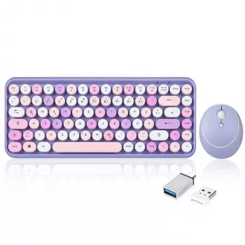 Perixx PERIDUO-713PP DE set mini tastiera e mouse wireless, design retrò vintage, viola, layout tedesco