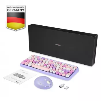 Perixx PERIDUO-713PP DE set mini tastiera e mouse wireless, design retrò vintage, viola, layout tedesco