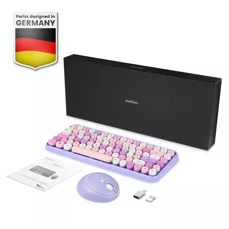 Perixx PERIDUO-713PP DE set mini tastiera e mouse wireless, design retrò vintage, viola, layout tedesco