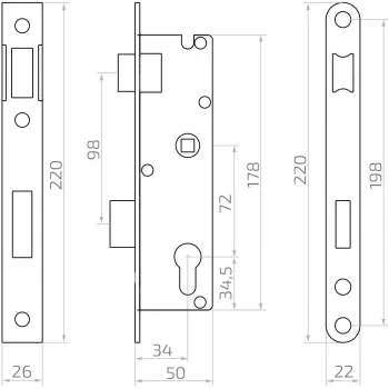 PSG 63.211 L/P serratura da incasso con scrocco e catenaccio, reversibile, frontale 220 x 22 mm, 72 mm PZ, interasse 50 mm, acciaio zincato