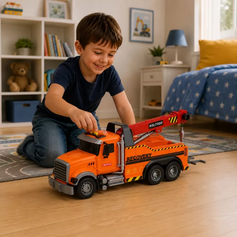 LEAN TOYS carro attrezzi con gru soccorso stradale gancio luci suoni arancione 1:18