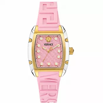 Versace VE8K00224 Orologio al quarzo da donna, 45 mm, cassa in acciaio inox grigio, quadrante rosa, cinturino in silicone rosa