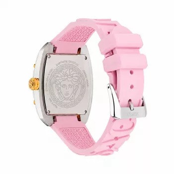Versace VE8K00224 Orologio al quarzo da donna, 45 mm, cassa in acciaio inox grigio, quadrante rosa, cinturino in silicone rosa