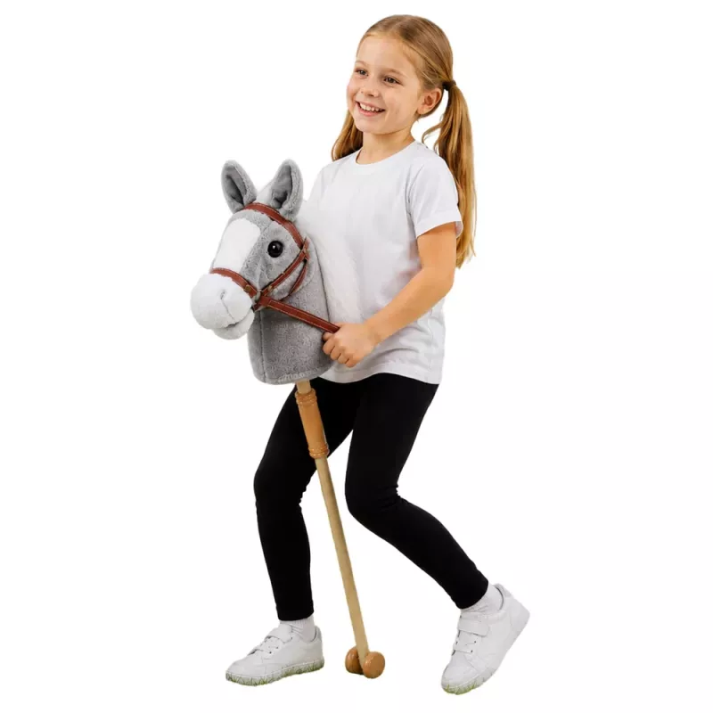 LEAN TOYS Cavallo a bastone cavallo su un bastone testa di cavallo galoppa nitrisce suoni grigio 100 cm
