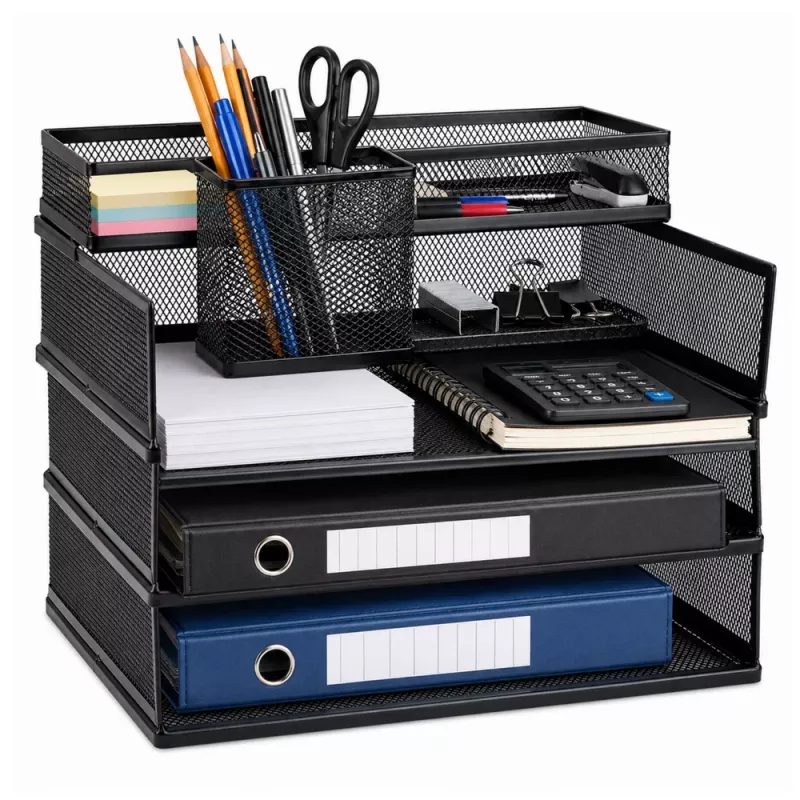 LEAN Organizer a più ripiani in metallo per documenti e accessori, organizer da scrivania in mesh a 3 livelli, nero