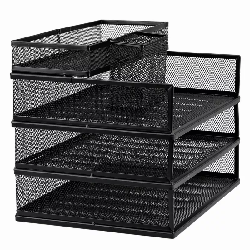 LEAN Organizer a più ripiani in metallo per documenti e accessori, organizer da scrivania in mesh a 3 livelli, nero
