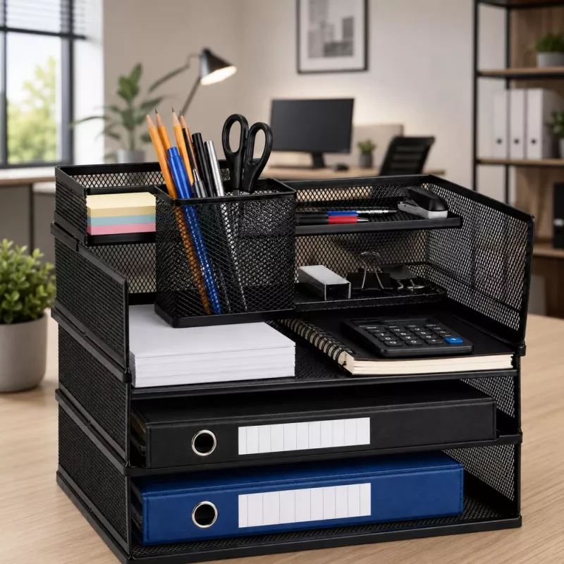 LEAN Organizer a più ripiani in metallo per documenti e accessori, organizer da scrivania in mesh a 3 livelli, nero