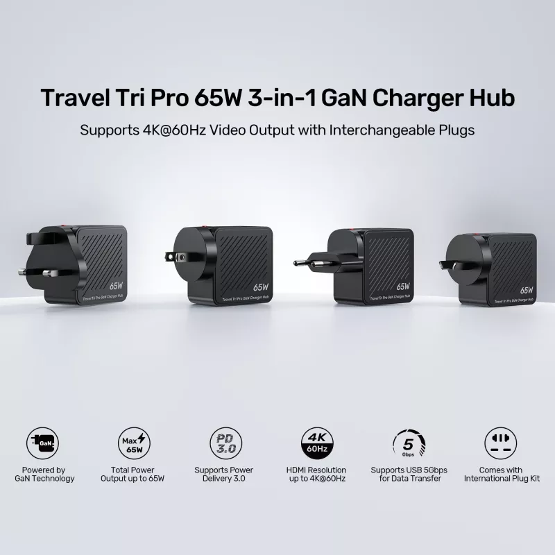 UNITEK P1242ABK01 Hub caricabatterie da viaggio 3-in-1 GaN 65W con HDMI 4K@60Hz, USB-A e USB-C