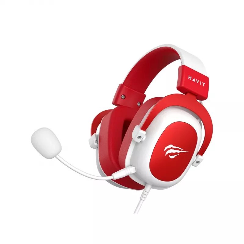 HAV H2002d Cuffie gaming con filo con driver da 50 mm, LED RGB, microfono con isolamento acustico, bianco/rosso