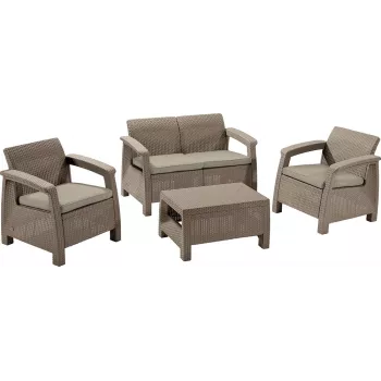 KETER Corfu set arredi da giardino 3 pezzi beige effetto rattan con cuscini grigi