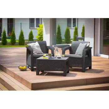 Keter Corfu Weekend set arredi da giardino 2 posti con tavolino, effetto rattan grigio