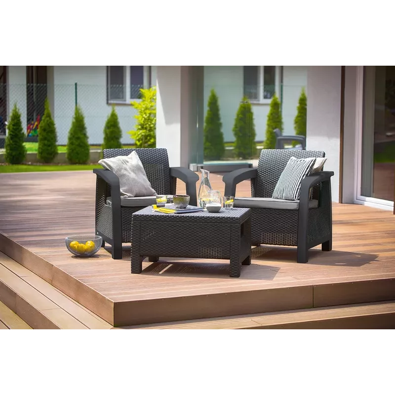 Keter Corfu Weekend set arredi da giardino 2 posti con tavolino, effetto rattan grigio