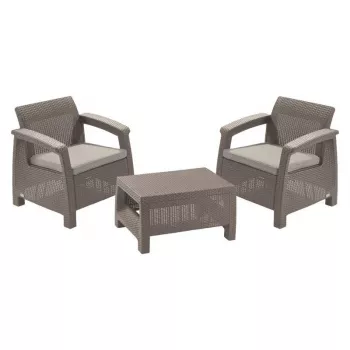 KETER set arredi da giardino Corfu Weekend beige - 2 poltrone e tavolino, set lounge outdoor effetto rattan