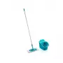 LEIFHEIT Clean & Compact set pulizia pavimenti con mop piatto e strizzatore a pedale, secchio 8L, panno in microfibra, 33cm, bianco/blu