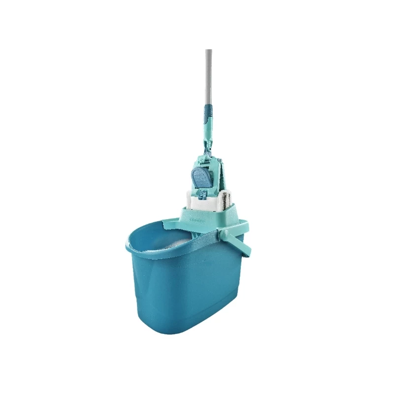 LEIFHEIT Clean & Compact set pulizia pavimenti con mop piatto e strizzatore a pedale, secchio 8L, panno in microfibra, 33cm, bianco/blu