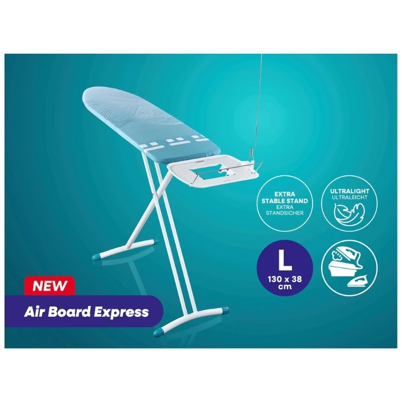 LEIFHEIT Air Board Express L Solid asse da stiro 130x38 cm con tecnologia Thermo-Reflect, regolabile in altezza 75-98 cm, pieghevole, forma ergonomica, piedini antiscivolo, appoggio ferro, fermacavo, bianco/blu