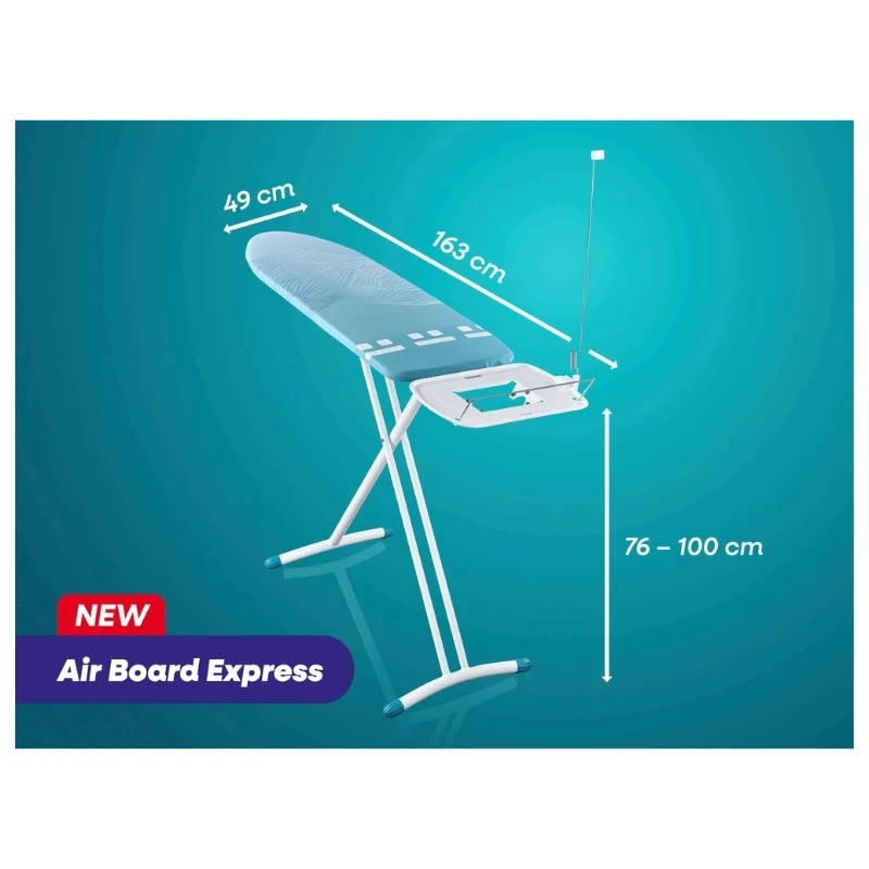 LEIFHEIT Air Board Express L Solid asse da stiro 130x38 cm con tecnologia Thermo-Reflect, regolabile in altezza 75-98 cm, pieghevole, forma ergonomica, piedini antiscivolo, appoggio ferro, fermacavo, bianco/blu