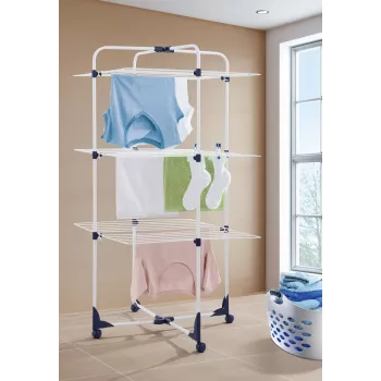 LEIFHEIT Classic Tower 270 stendibiancheria per interni ed esterni, 27 m di stenditura, pieghevole, 3 livelli, bianco/blu
