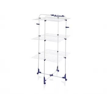 LEIFHEIT Classic Tower 340 stendibiancheria per interni/esterni, pieghevole, 34 m di stenditura, 3 livelli, bianco con accenti blu, ruote 360°