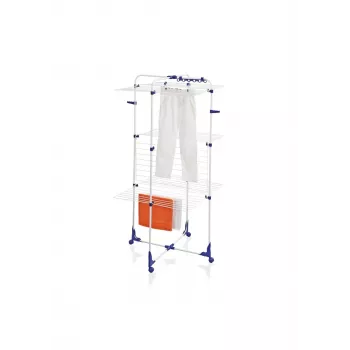 LEIFHEIT Classic Tower 340 stendibiancheria per interni/esterni, pieghevole, 34 m di stenditura, 3 livelli, bianco con accenti blu, ruote 360°