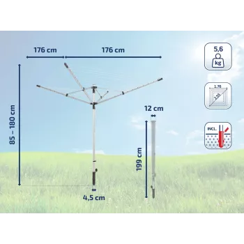 LEIFHEIT LinoLift 500 stendibiancheria rotativo, 50 m corda, telaio in alluminio, regolabile in altezza 106-179 cm, corde resistenti ai raggi UV, boccola da terra inclusa
