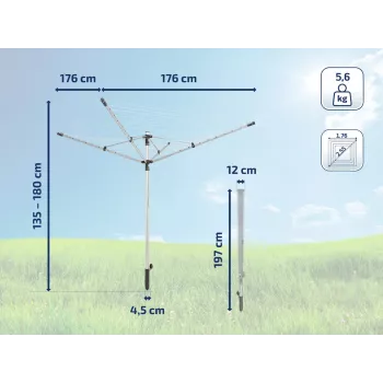 LEIFHEIT LinoPush 500 stendibiancheria rotativo, 50 m corda, alluminio, pulsante, boccola da terra inclusa